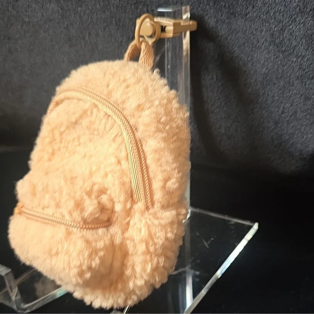 PINK Beige Sherpa Mini Backpack Keychain Bag Charm Clip Keyring Zipper